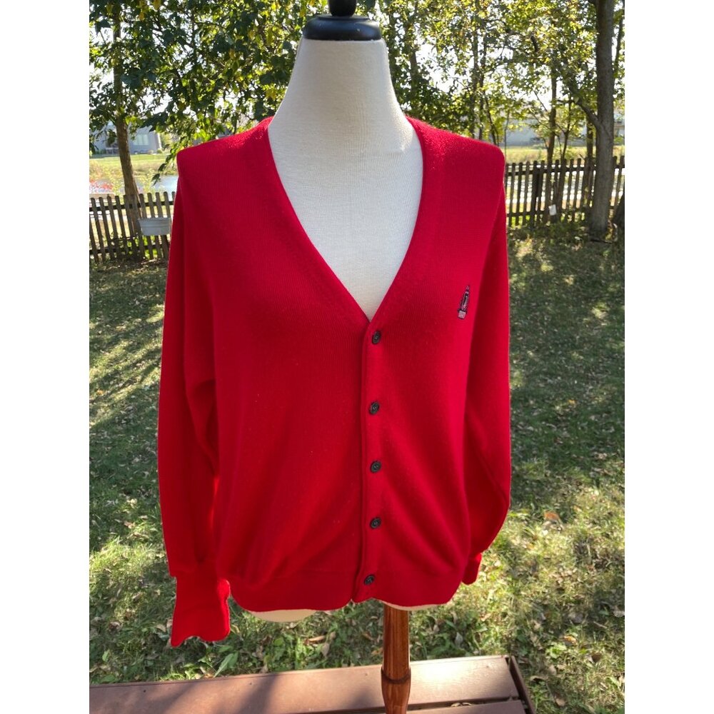 Vintage Izod Red Cardigan Sweater M Acrylic U.S.A. Woman Missing Button